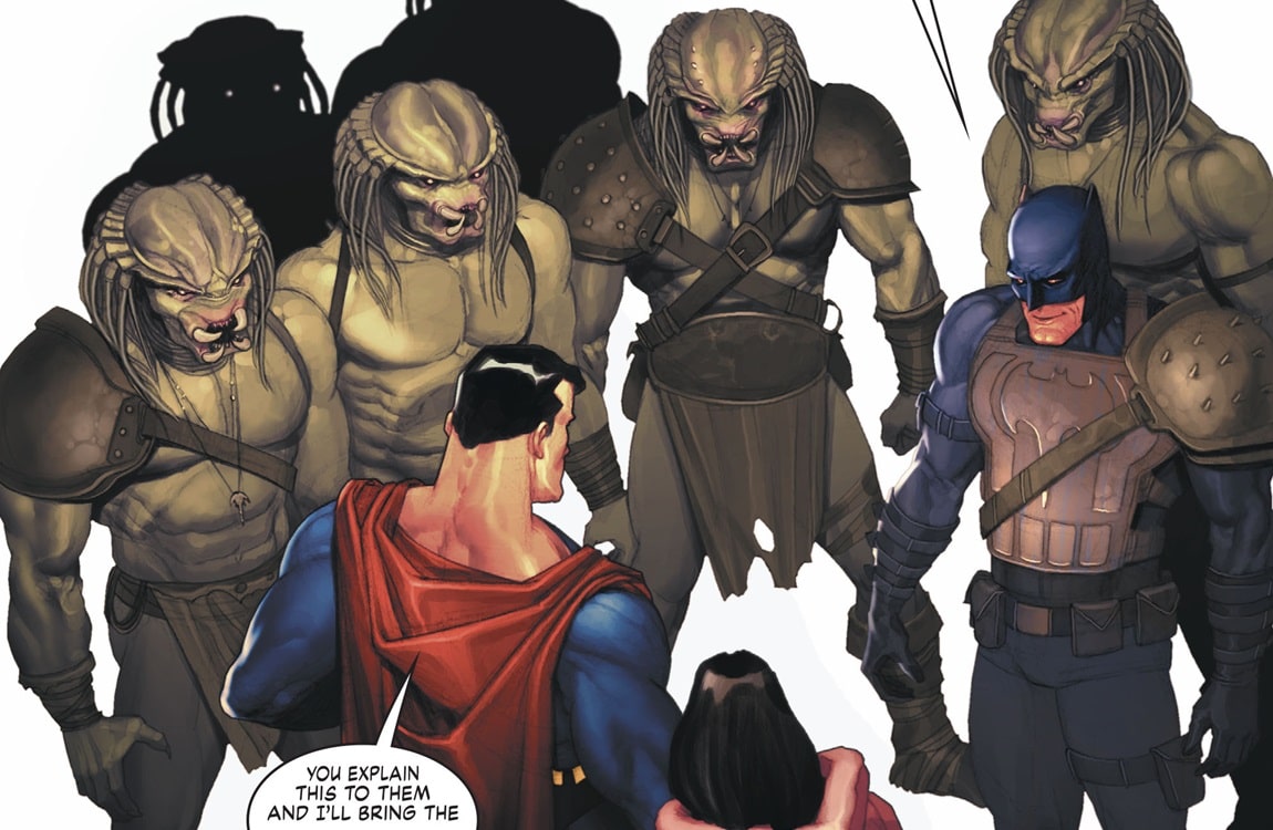 Superman and Predator communicate with a group of Predators
