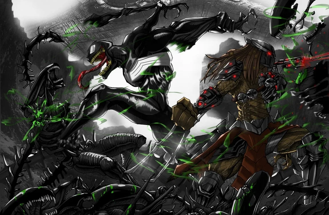 Predator and Venom teaming up against Xenomorphs