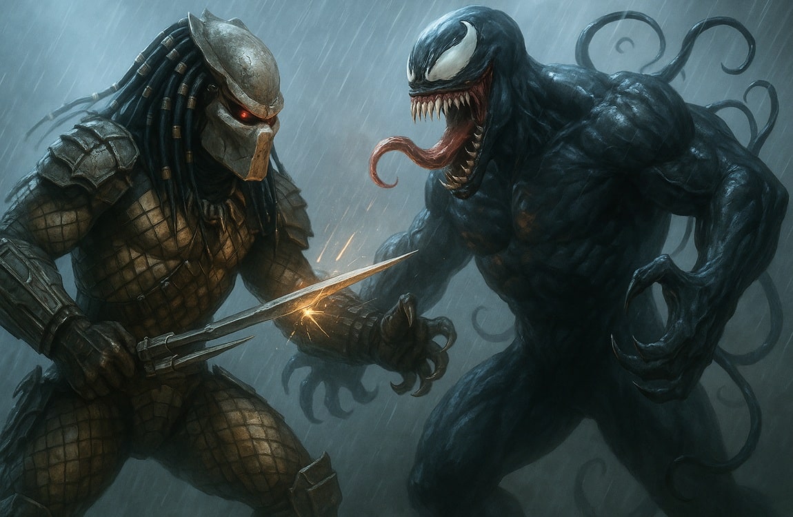 Predator fights Venom in the rain