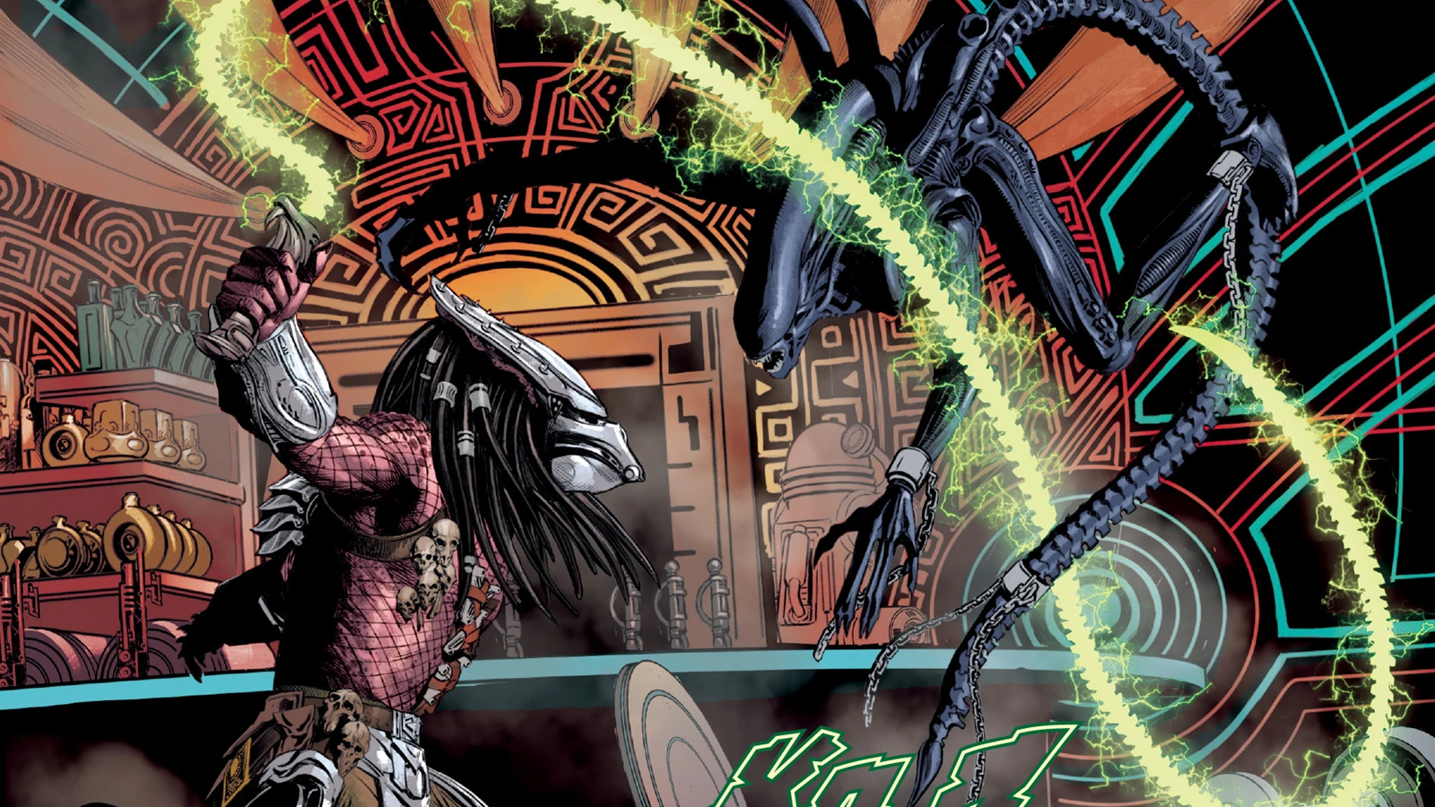 A Predator uses an electric whip on a Xenomorph in Aliens vs. Predator: Thicker Than Blood