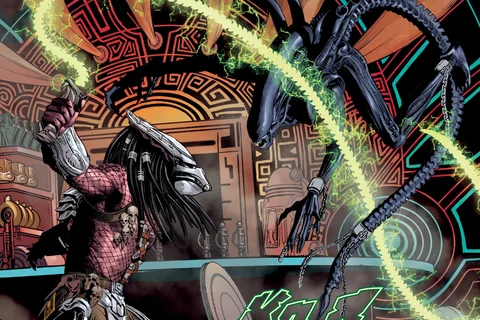 A Predator uses an electric whip on a Xenomorph in Aliens vs. Predator: Thicker Than Blood