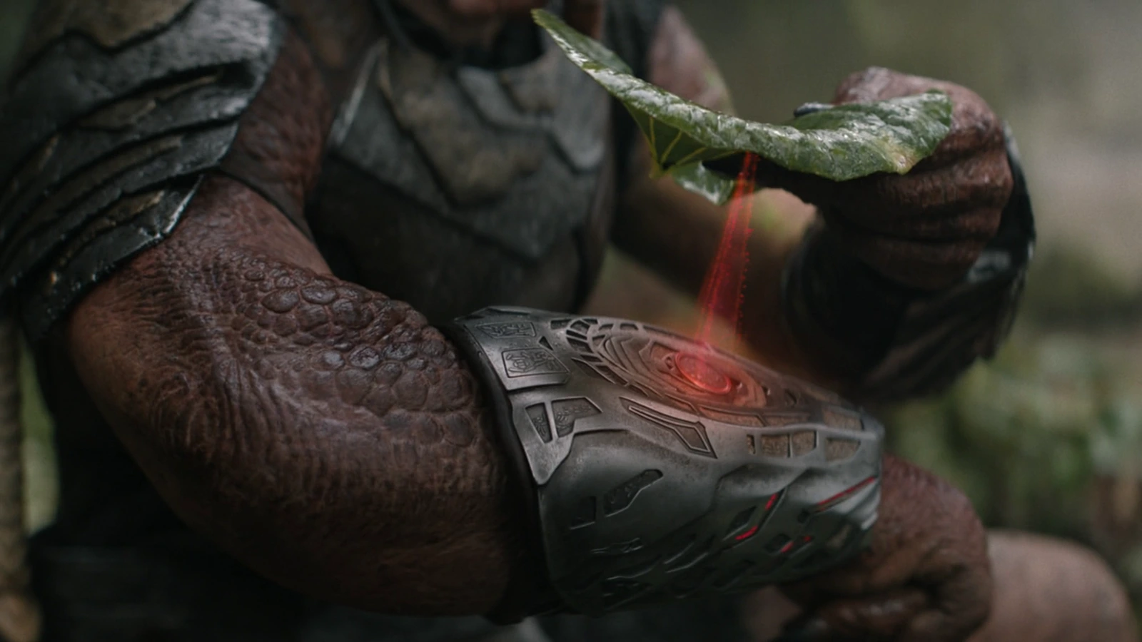 Dek Predator scanning a leaf with his wrist gauntlet from Predator: Badlands