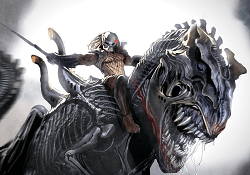 A Predator riding a Xenomorph T-Rex