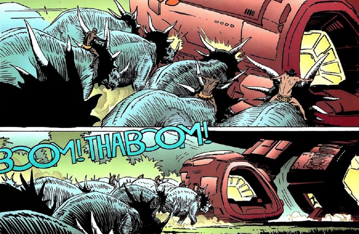 Triceratops attacking a Predator ship in Tarzan vs. Predator