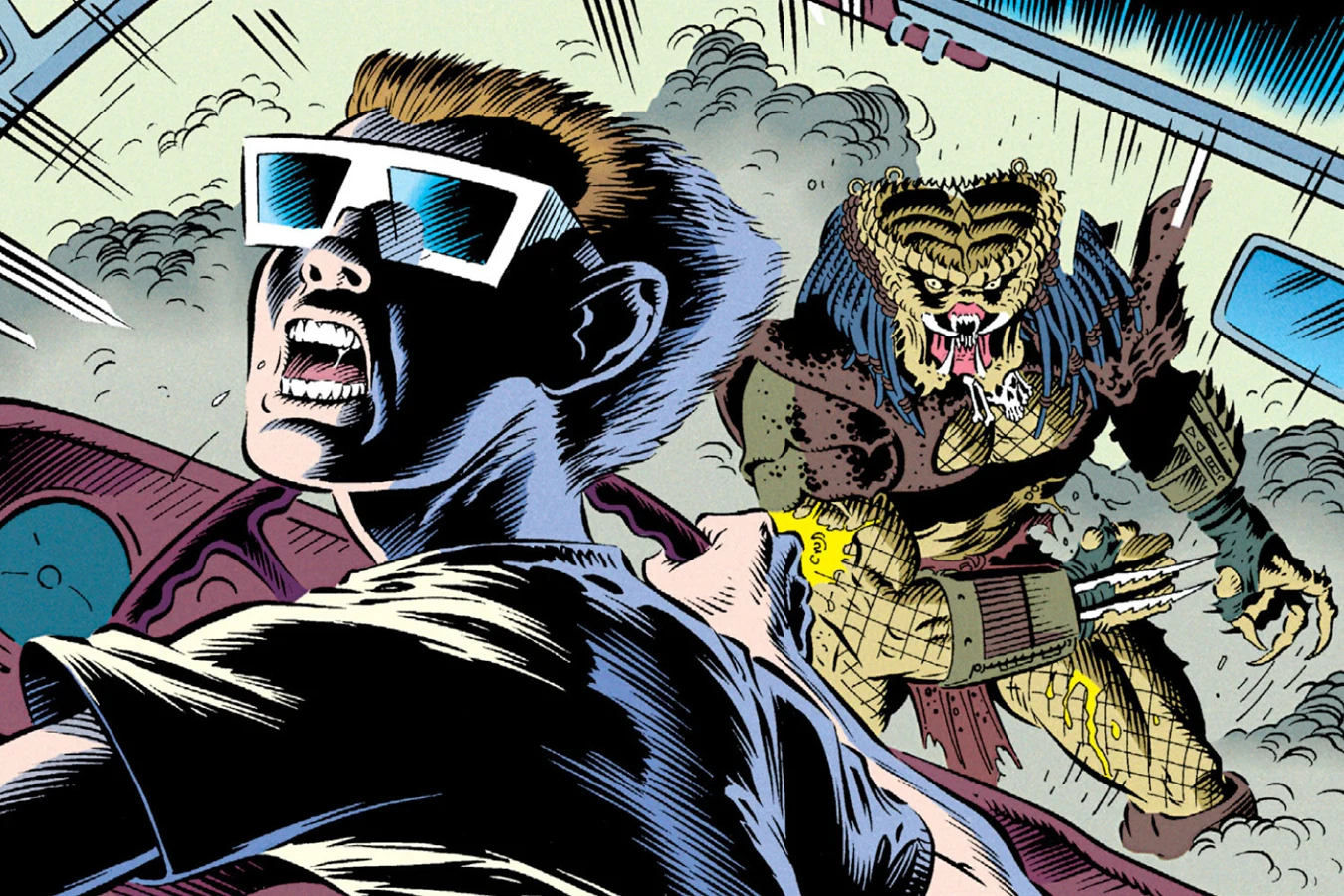 A Predator chasing Tommy through a car chase in Predator: Invaders from the Fourth Dimension