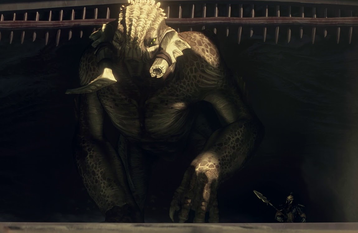 A guard Predator and a giant creature in the arena in Predator: Killer Of Killers