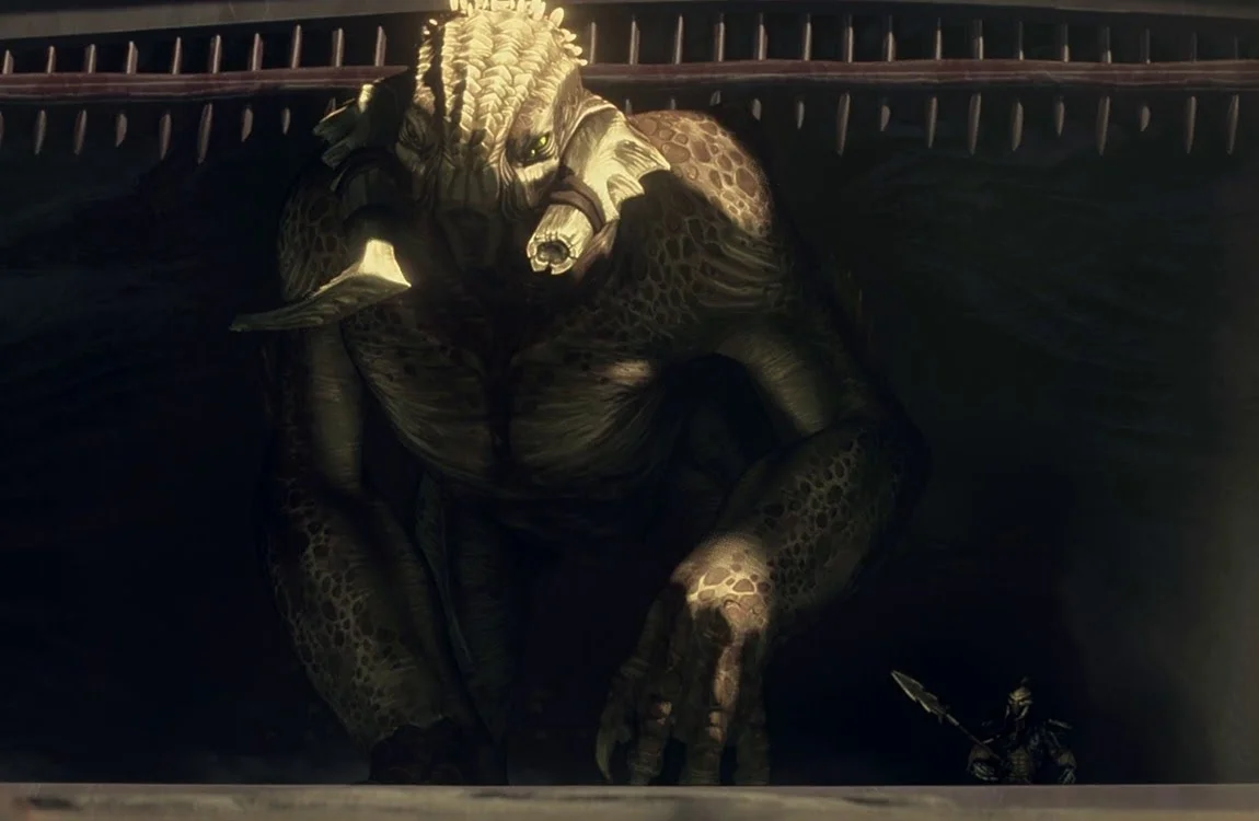 A guard Predator and a giant creature in the arena in Predator: Killer Of Killers