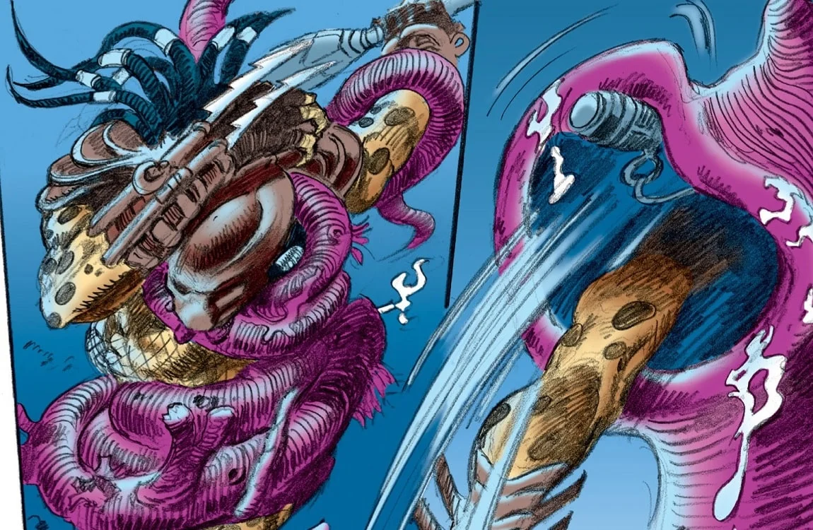 An underwater Predator fights a giant squid in Predator: Hell And Hot Water