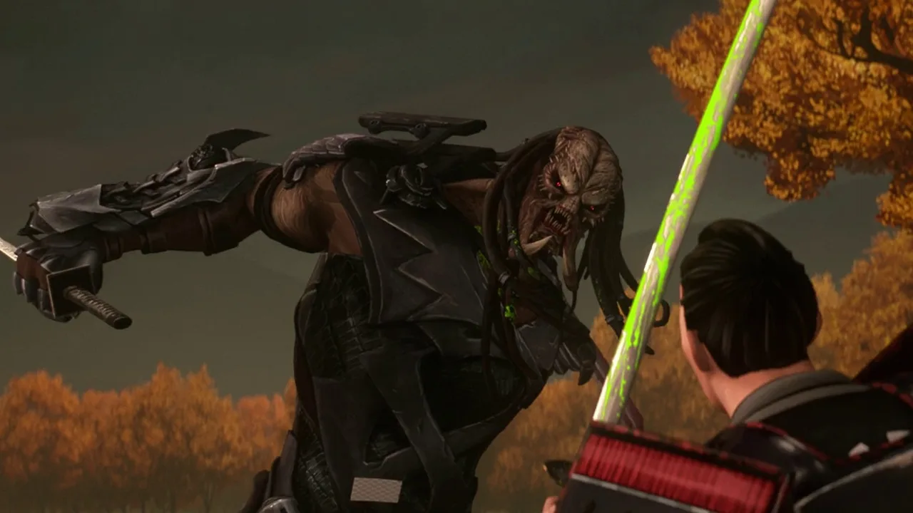 A Samurai faces a Predator in a katana duel in Predator: Killer Of Killers