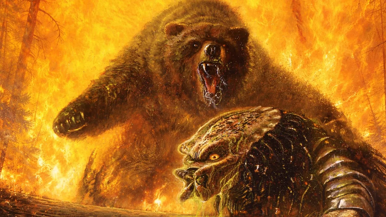 The cover of Predator: Primal showing a Predator losing a fight to a mother grizzly bear