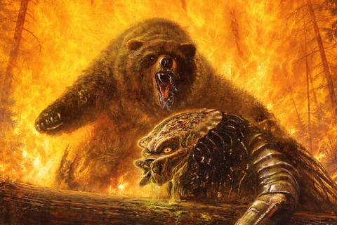 The cover of Predator: Primal showing a Predator losing a fight to a mother grizzly bear
