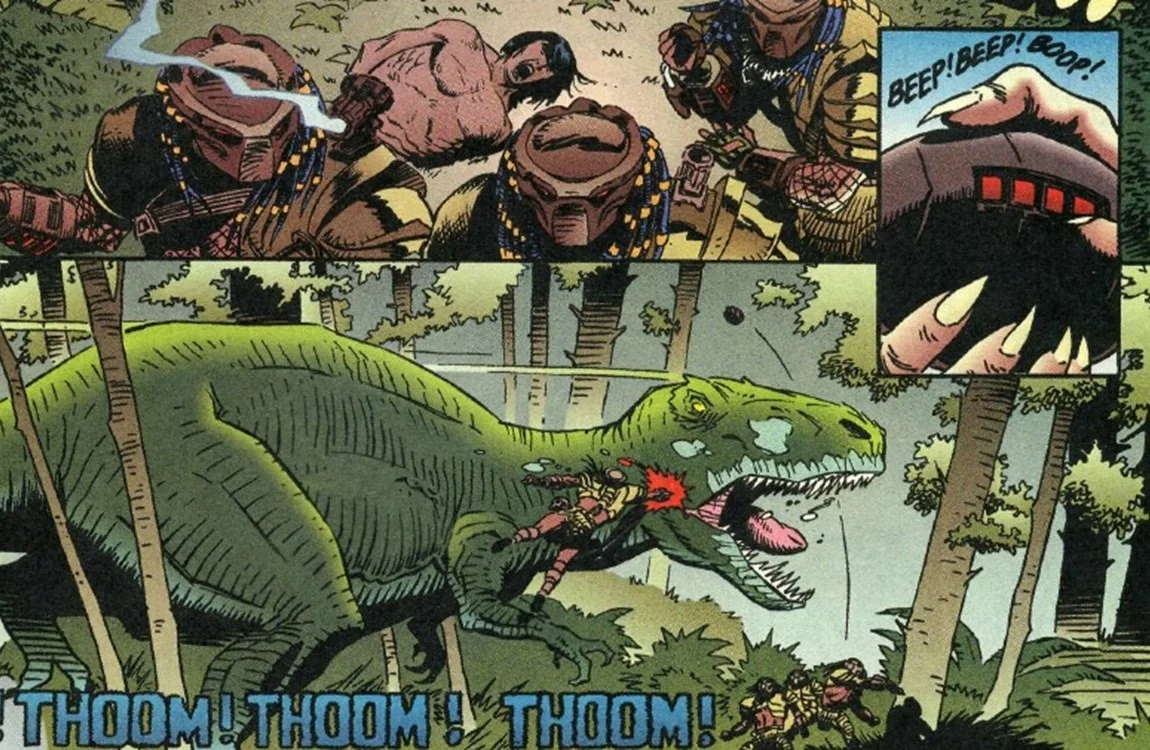 Predators fighting a T-Rex in the Tarzan vs. Predator comic