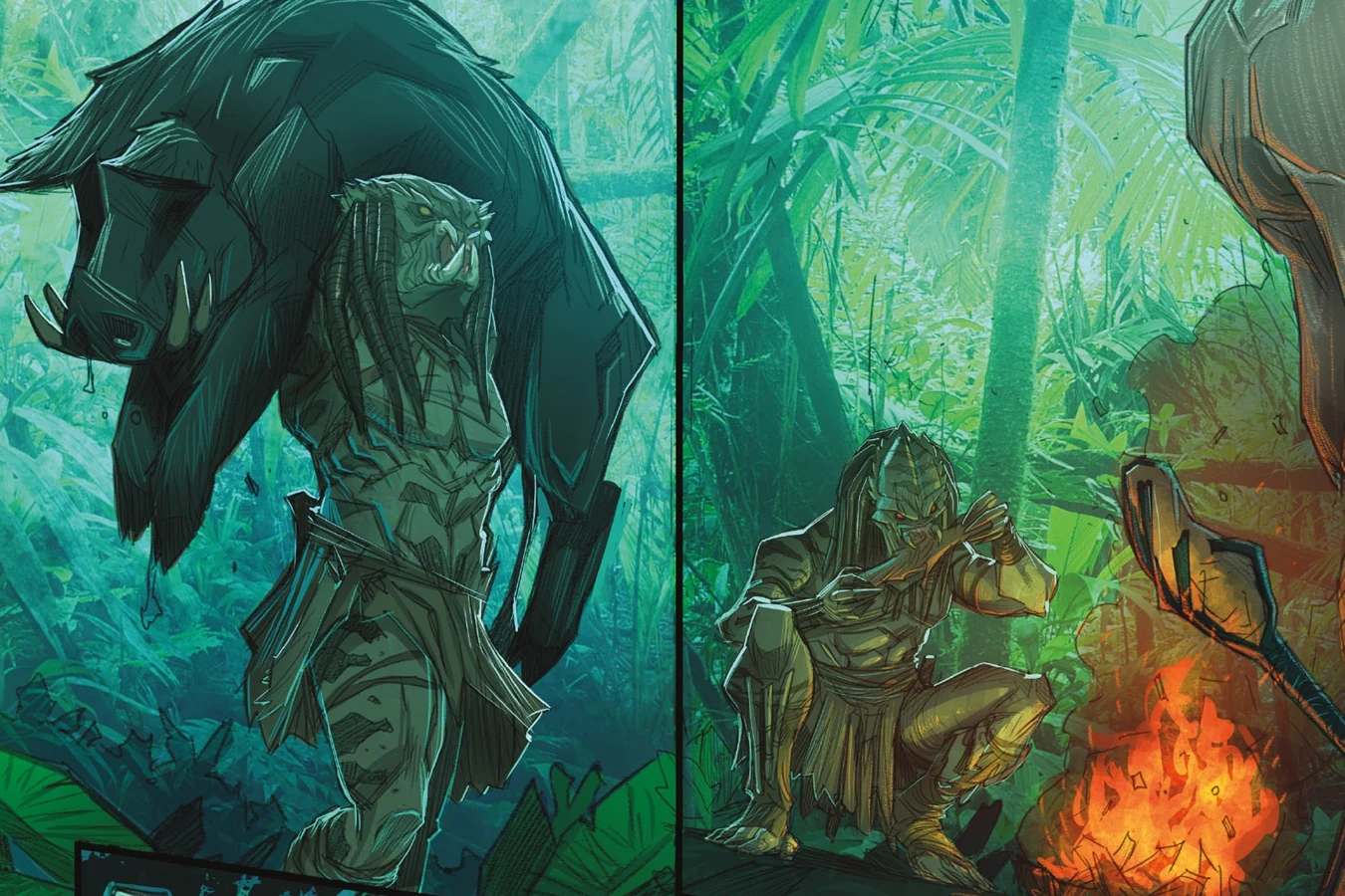 A tribal Predator carries a wild boar and eats by a campfire in Predator: Hunters