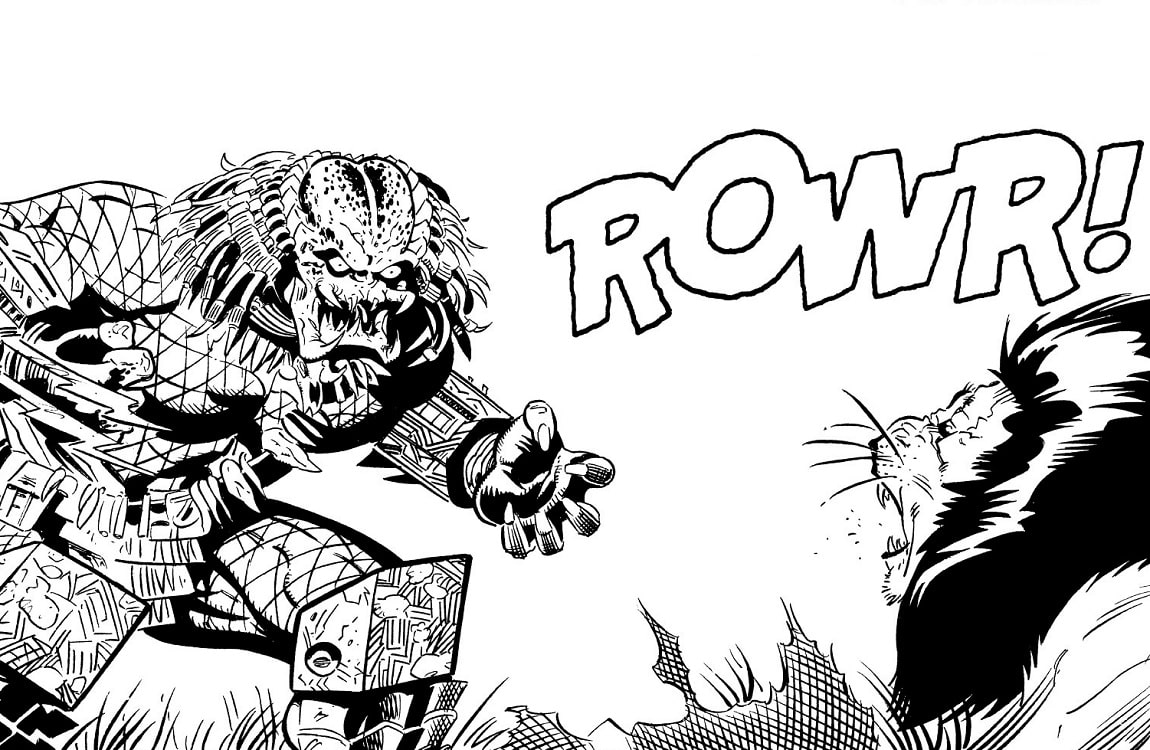 Predators vs. Lion in black and white