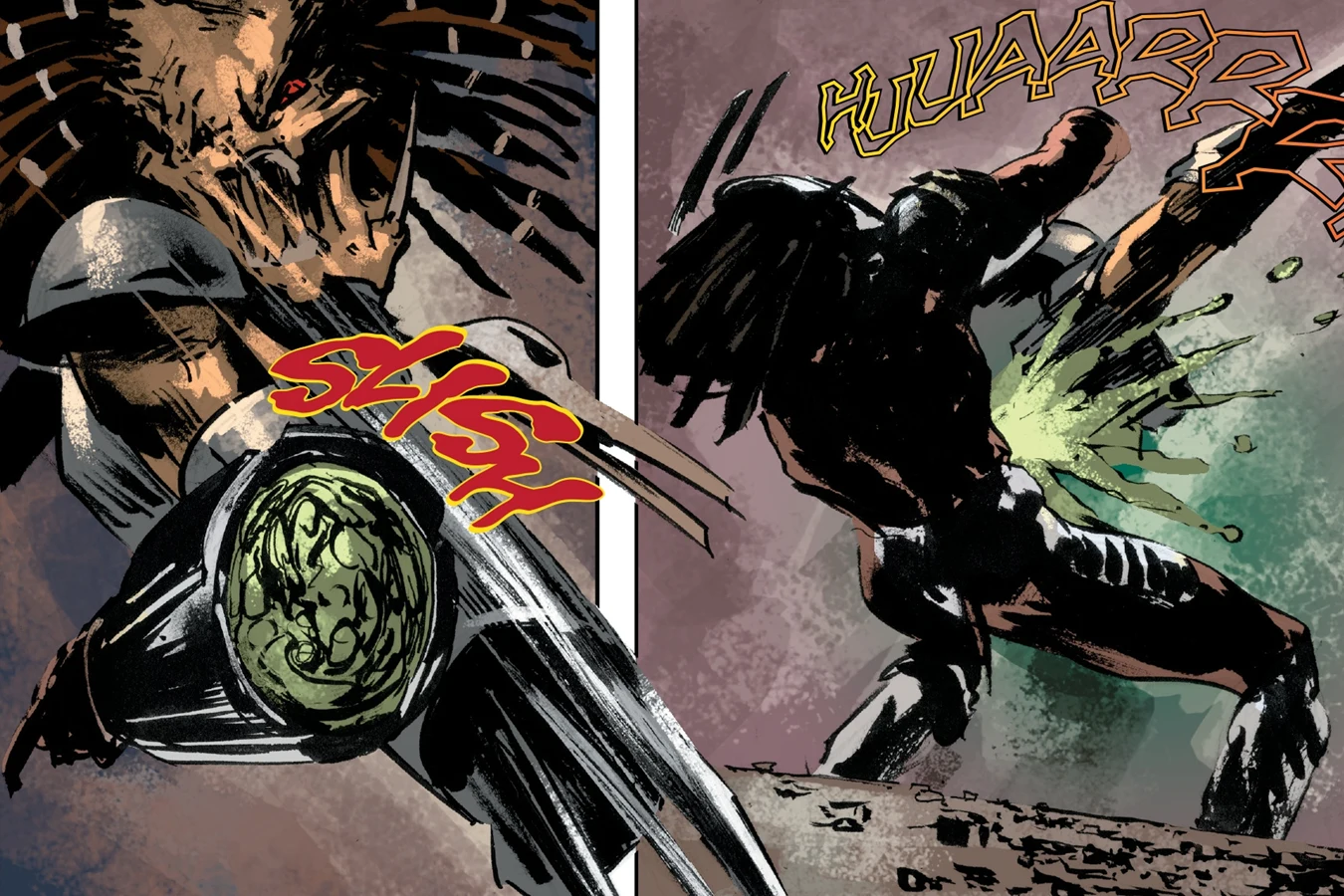Ahab severs Hornhead's hand during their duel in Alien vs. Predator: Life and Death