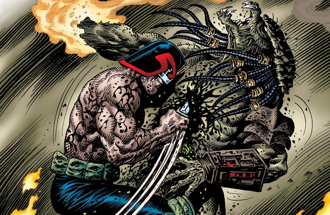 Mega-City One Predator being stabbed by Judge Dredd