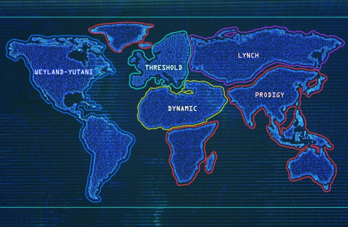The world map of Alien: Earth showing the 5 corporations spheres of influence