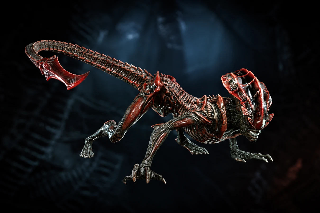 Prowler Xenomorph leaping with a red crest and a bladed tail in Aliens: Fireteam Elite