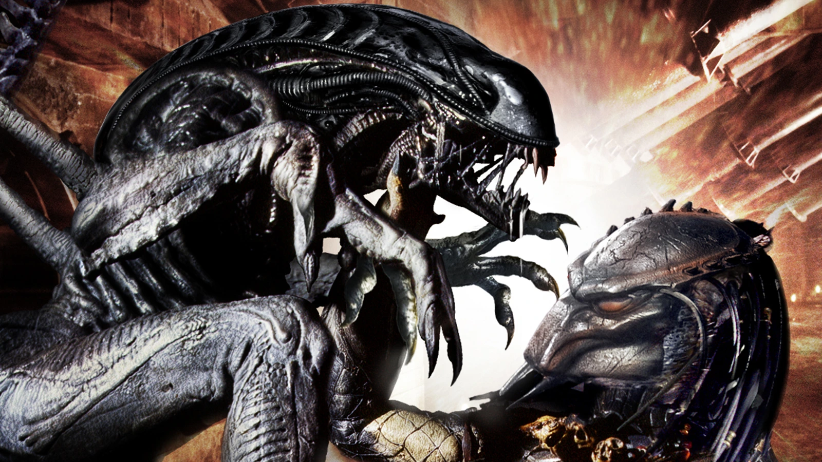 A Xenomorph and a Yautja fight at close range during the Rage War