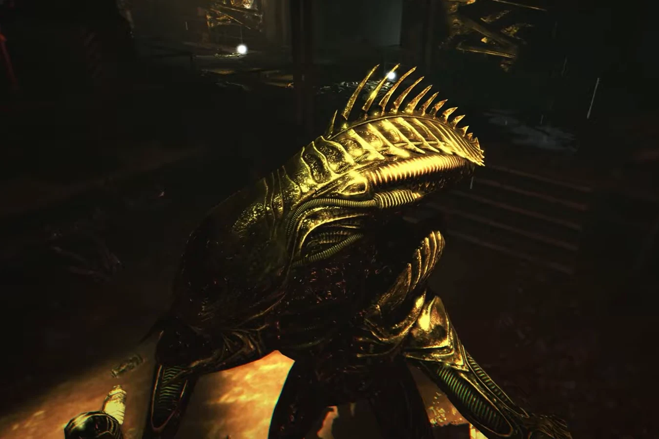 Close-up of the Raven Xenomorph's scarred, skull-like head and armored carapace
