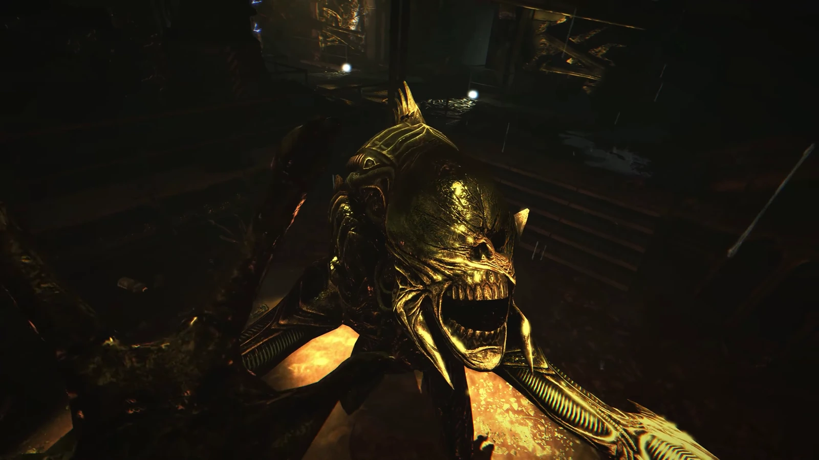 The Raven Xenomorph from Aliens: Colonial Marines in a dark industrial corridor