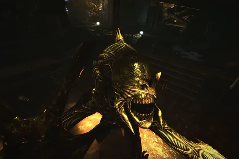 The Raven Xenomorph from Aliens: Colonial Marines in a dark industrial corridor