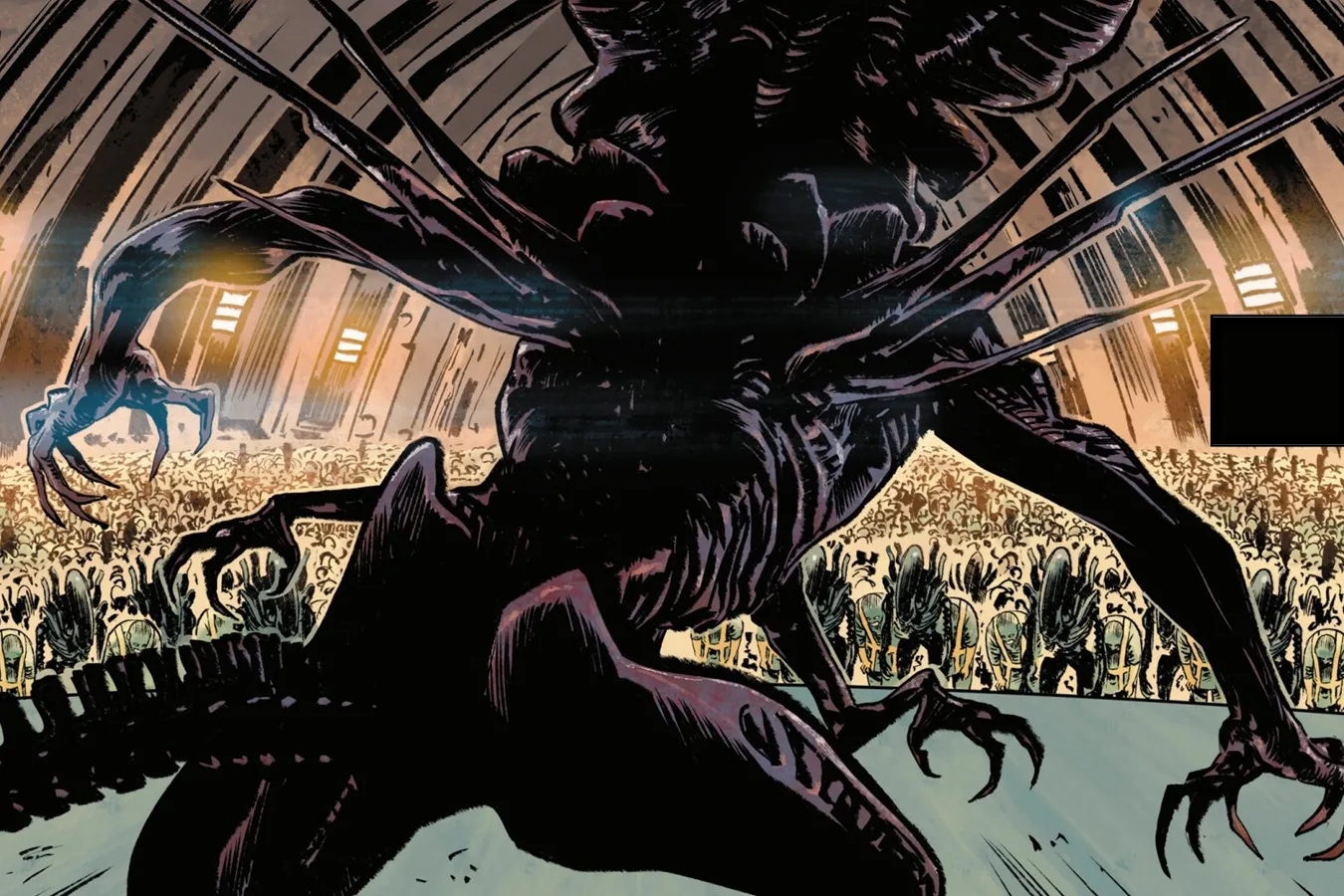A Xenomorph army gathered inside a Hydra facility