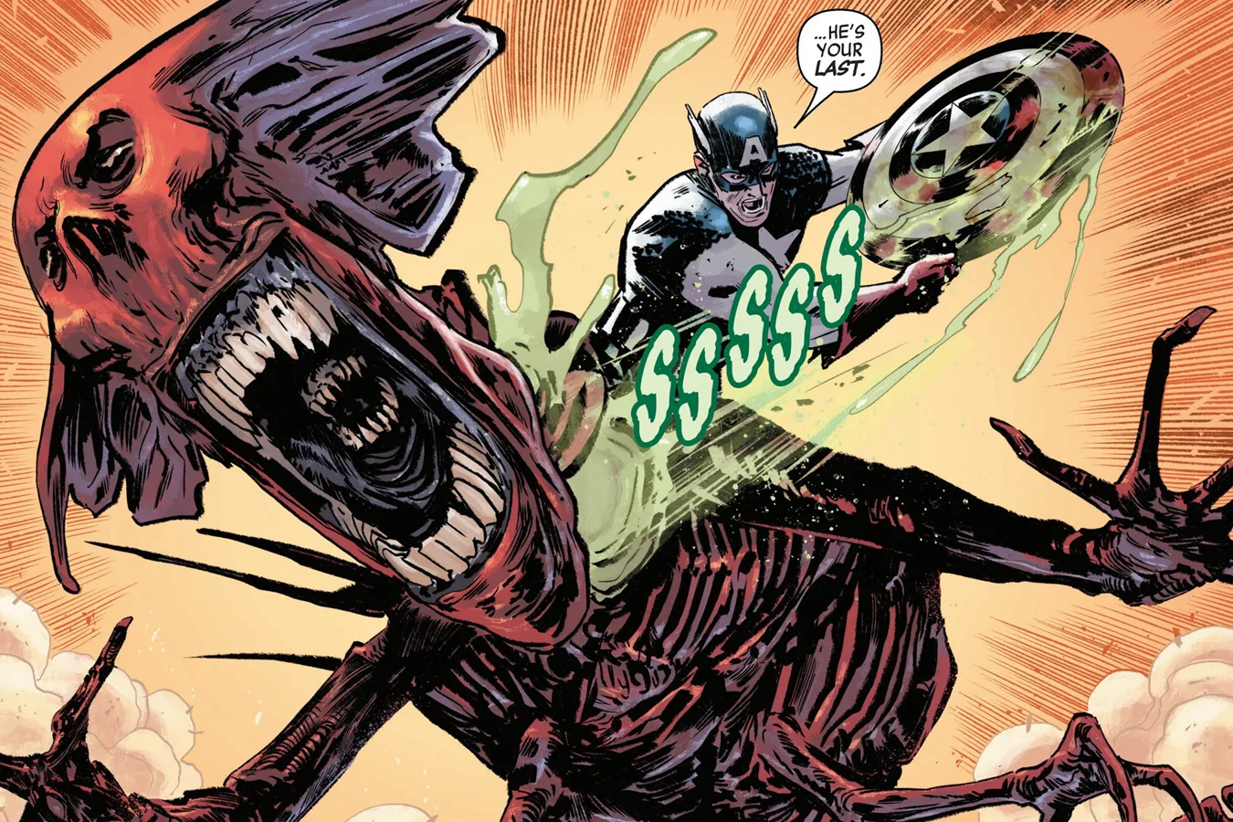 Captain America cutting off the head of the Red King Xenomorph
