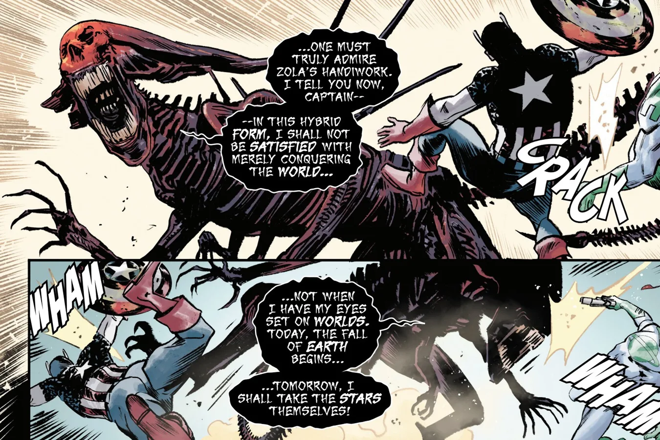 The Red King Xenomorph fighting Captain America and Captain Mar-Vell