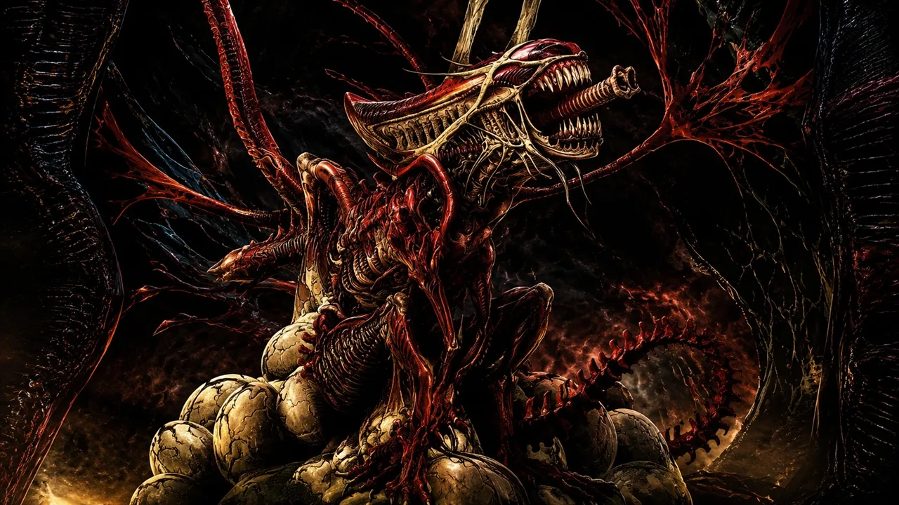 The Red Queen Xenomorph ruling her crimson hive