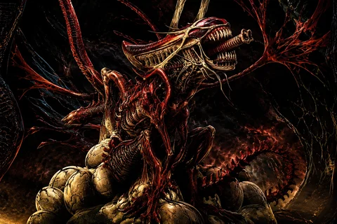 The Red Queen Xenomorph ruling her crimson hive