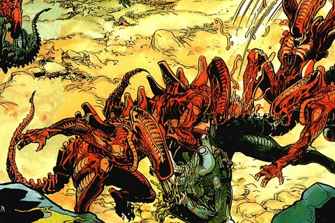 Red Xenomorphs fighting black Xenomorphs in Aliens: Genocide