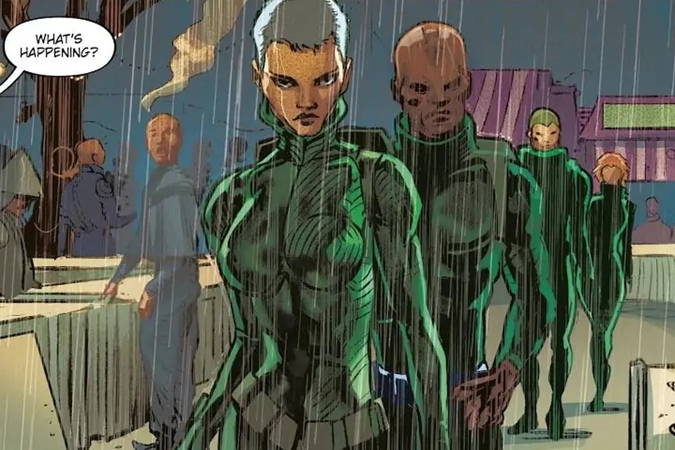 Green-suited Nexus-3 militia replicants advancing through the rain in Blade Runner: Origins