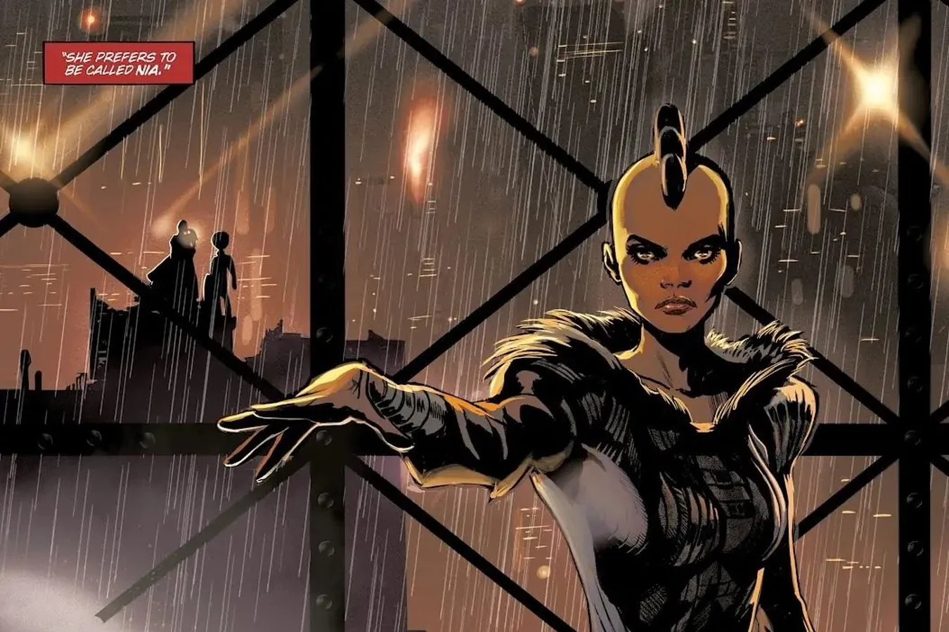 Nia, the escaped Nexus-5, standing in the rain before a crowd of followers in Blade Runner: Origins