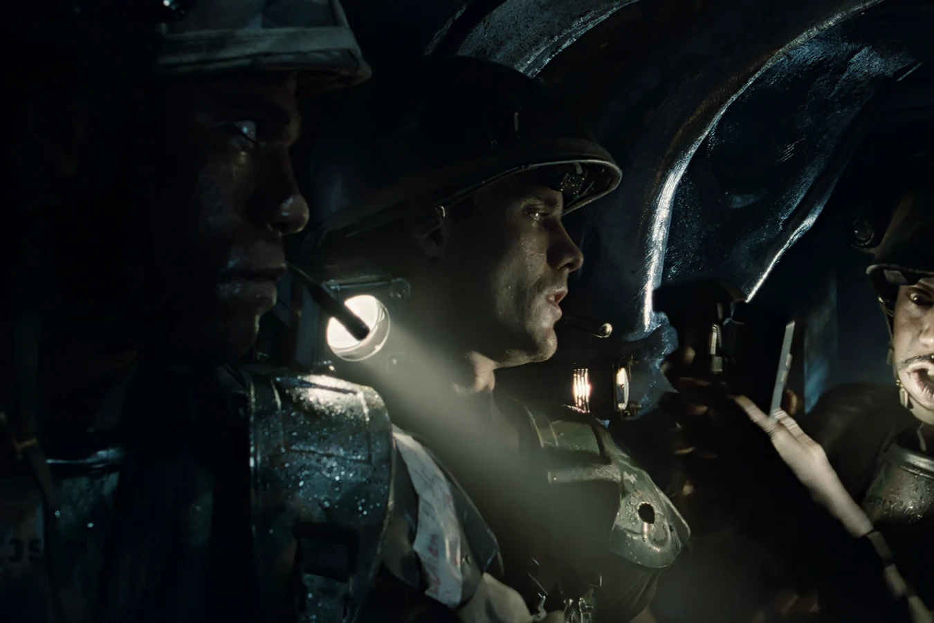 Frost in helmet and M3 armor inside the APC before the hive sweep in Aliens