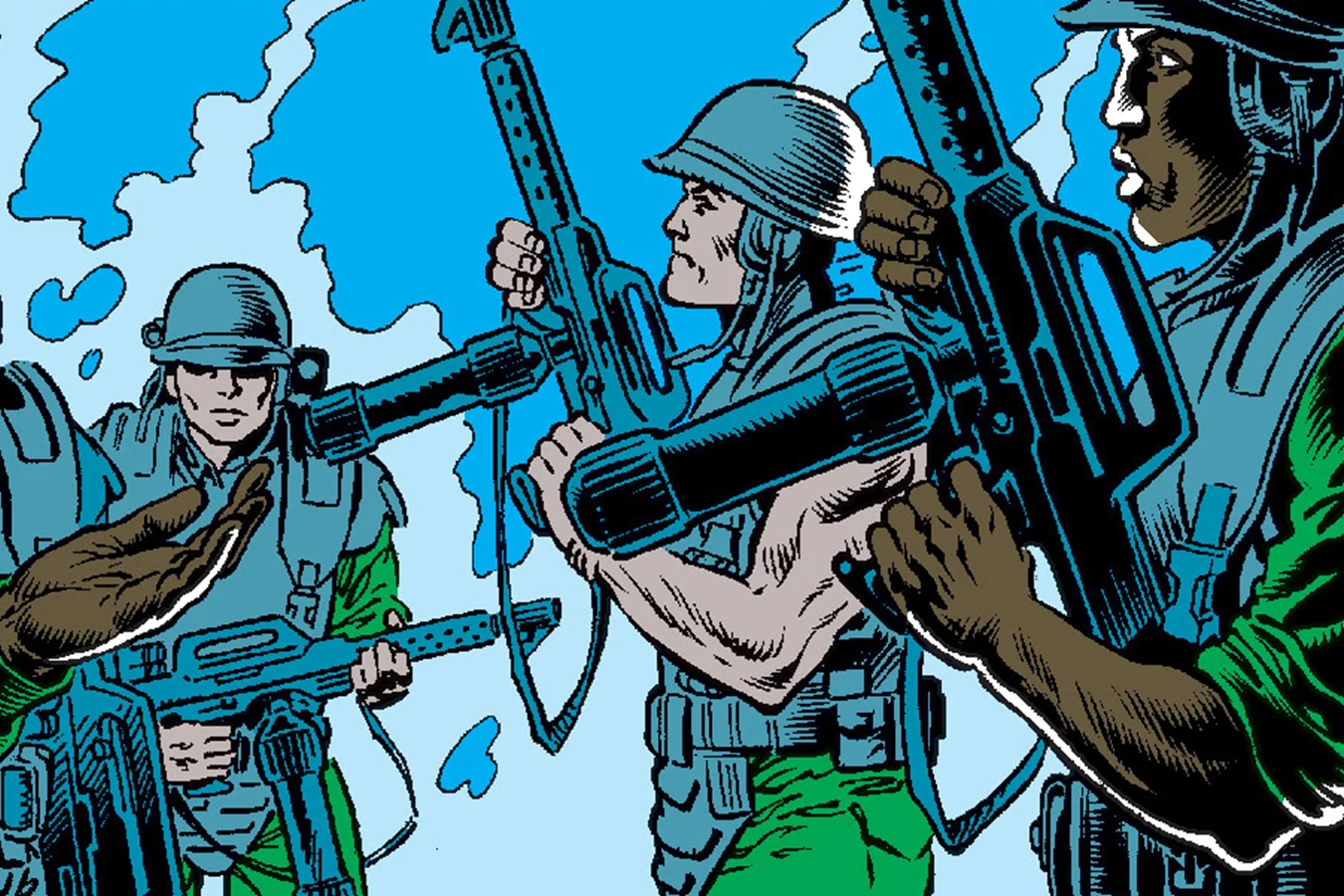 Ricco Frost holding an M240 flamethrower among the Sulaco Marines in Aliens: Newt's Tale
