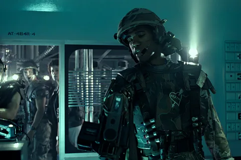 PFC Ricco Frost in M3 armor and M10 helmet with a TNR lamp during the Hadley's Hope sweep in Aliens