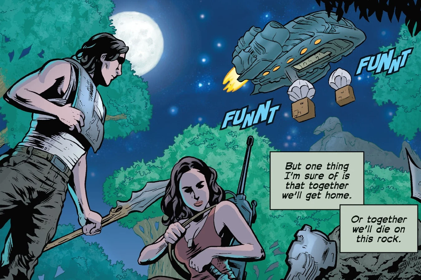 Royce in a chest plate of Predator armor looking up at a Predator ship flying past the moon, with Isabelle below him