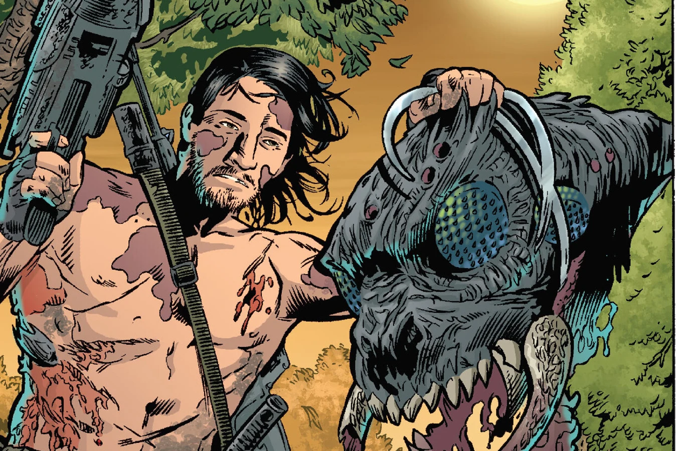 Shirtless and long-haired, Royce holding up the severed head of an alien creature in the jungle of the game preserve