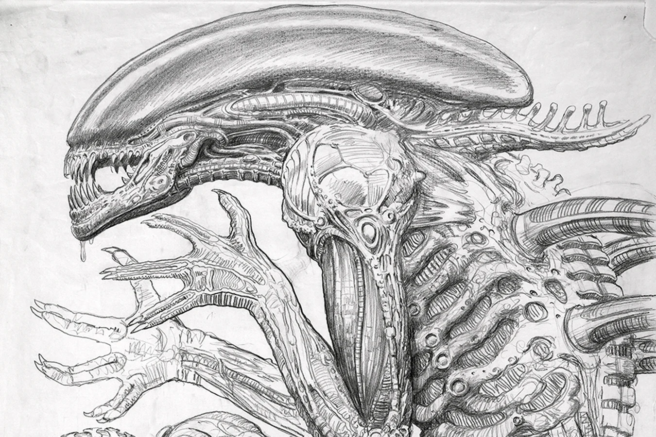 Mike Worrall graphite concept drawing of a four-legged Alien 3 Xenomorph