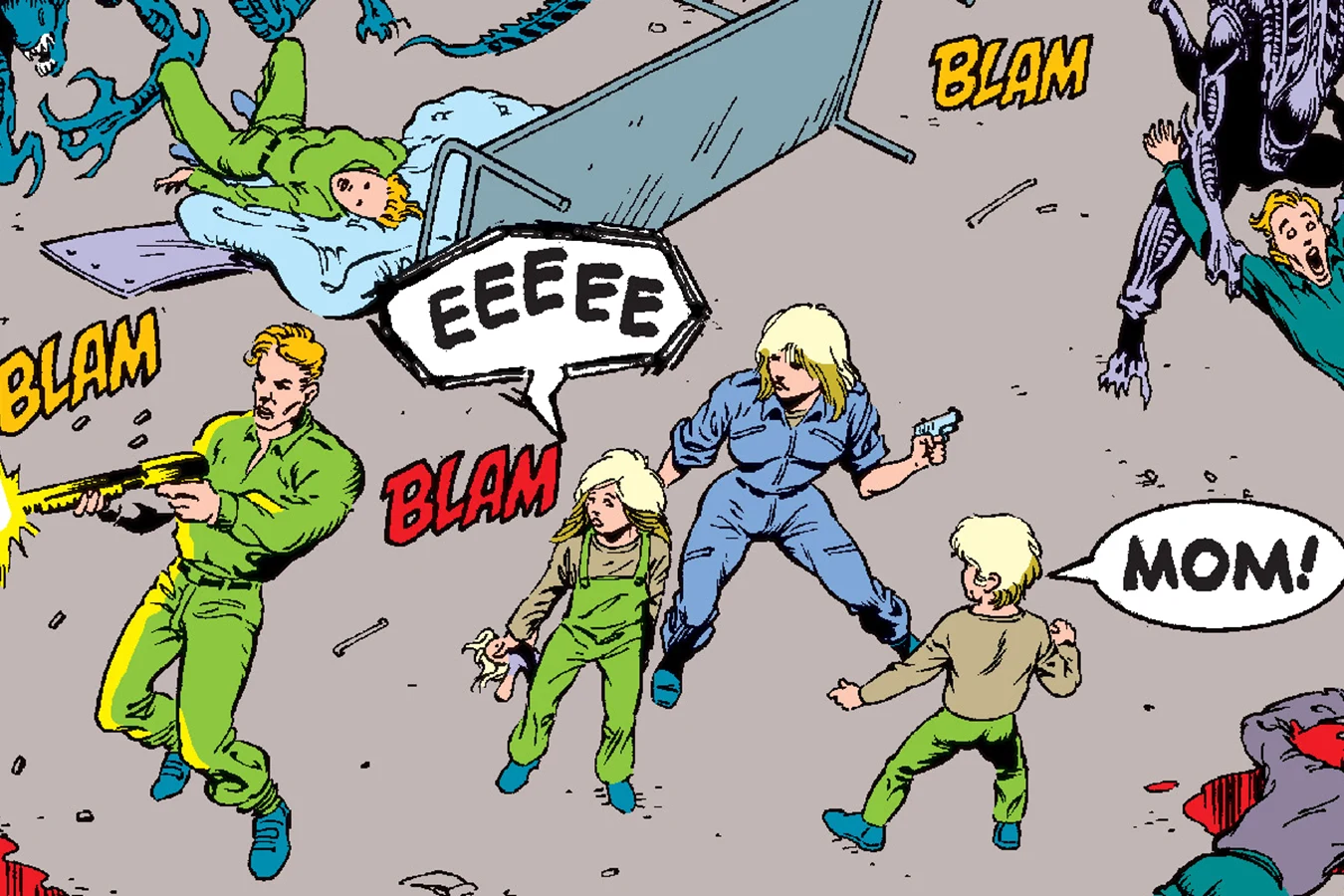 Anne Jorden with a pistol as Tim shouts for his mother and Newt screams while colonists fire on the Xenomorphs in Aliens: Newt's Tale