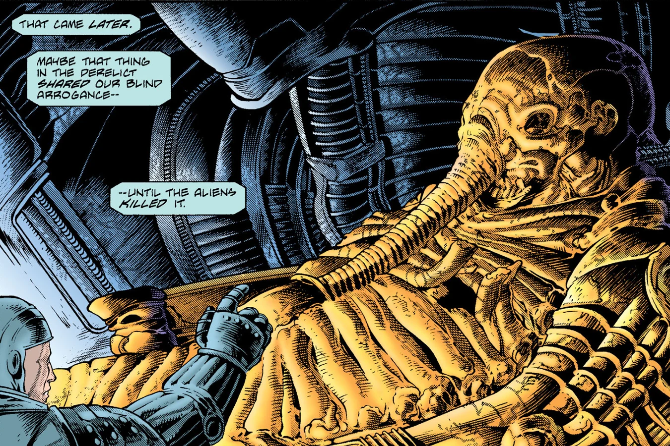 A colonist in an environment suit beside the fossilized Space Jockey in the pilot chamber of the derelict ship in Aliens: Outbreak