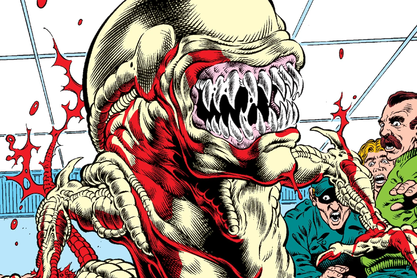 The newborn Chestburster rearing over Russ Jorden's torn body as horrified colonists recoil in the medlab in Aliens: Newt's Tale