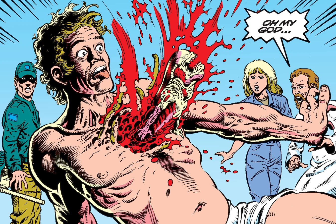 The Chestburster bursting out of Russ Jorden's chest on the medlab table as Newt watches from the vent in Aliens: Newt's Tale #1