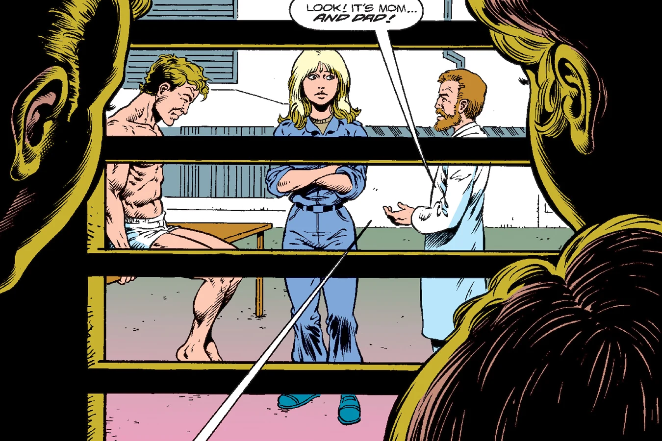Newt, Tim and Aaron looking through an air vent at Russ Jorden on a medlab table with Anne and the doctor in Aliens: Newt's Tale #1