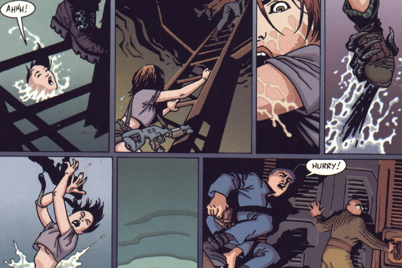 Hillard dragged underwater by a swimming Xenomorph in the Dark Horse Alien Resurrection comic