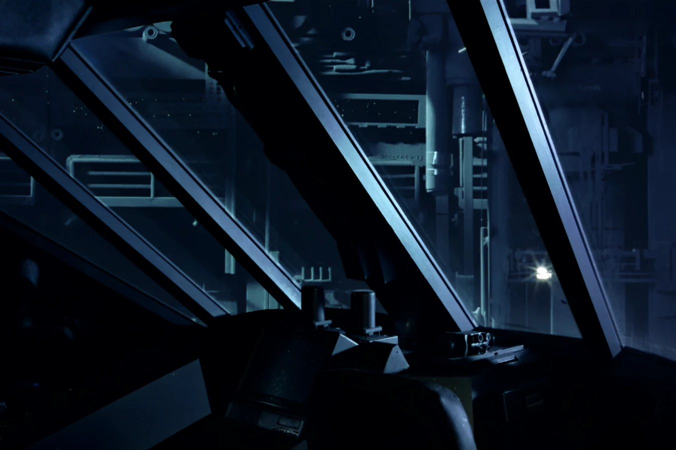 The salvage ship hull seen through the Narcissus cockpit windows