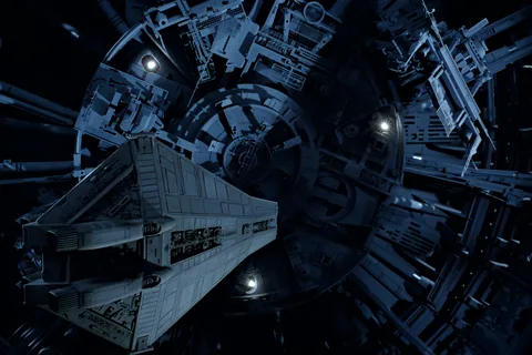 The Narcissus approaching a deep space salvage ship in Aliens