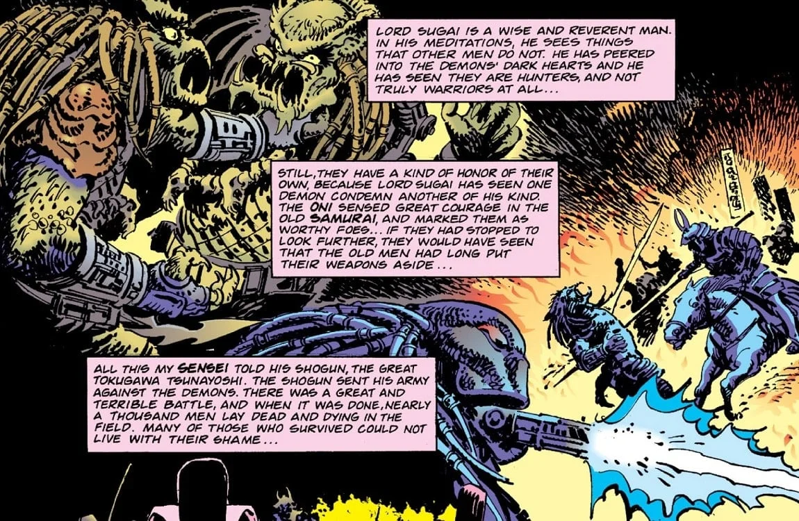 Predators fighting Samurai in Predator: Blood Feud