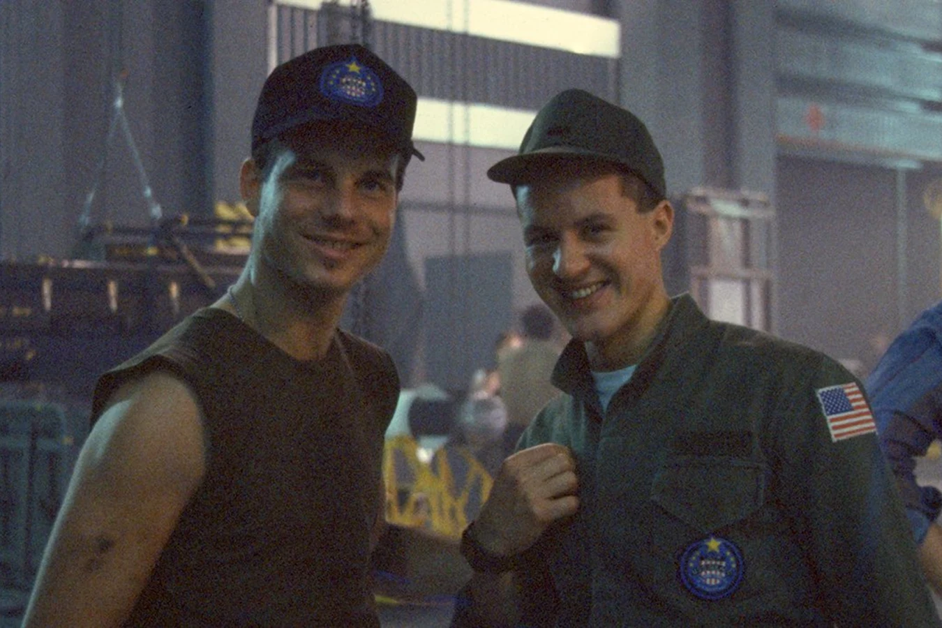 William Hope as Gorman with Bill Paxton on the Aliens hangar set at Pinewood